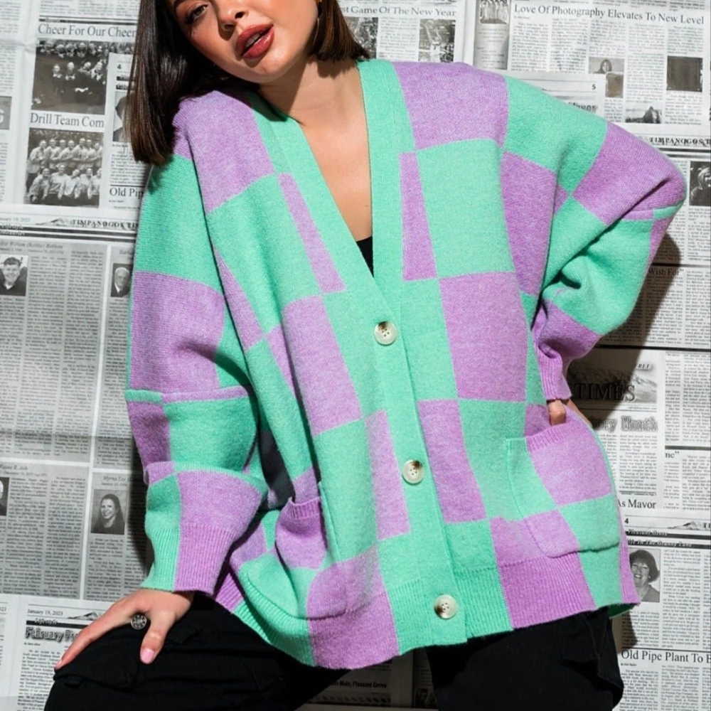 LALA ORIGINAL: Love You Oversized Checkerboard Cardigan in Lilac + Mint